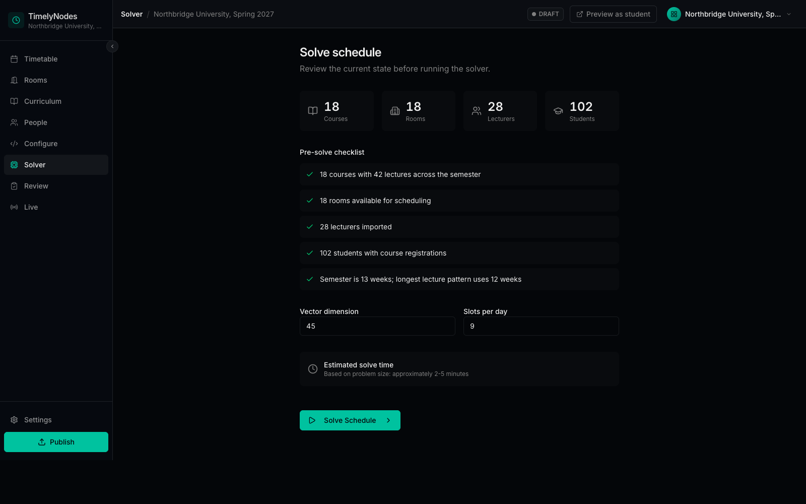 Solver page with the pre-solve summary